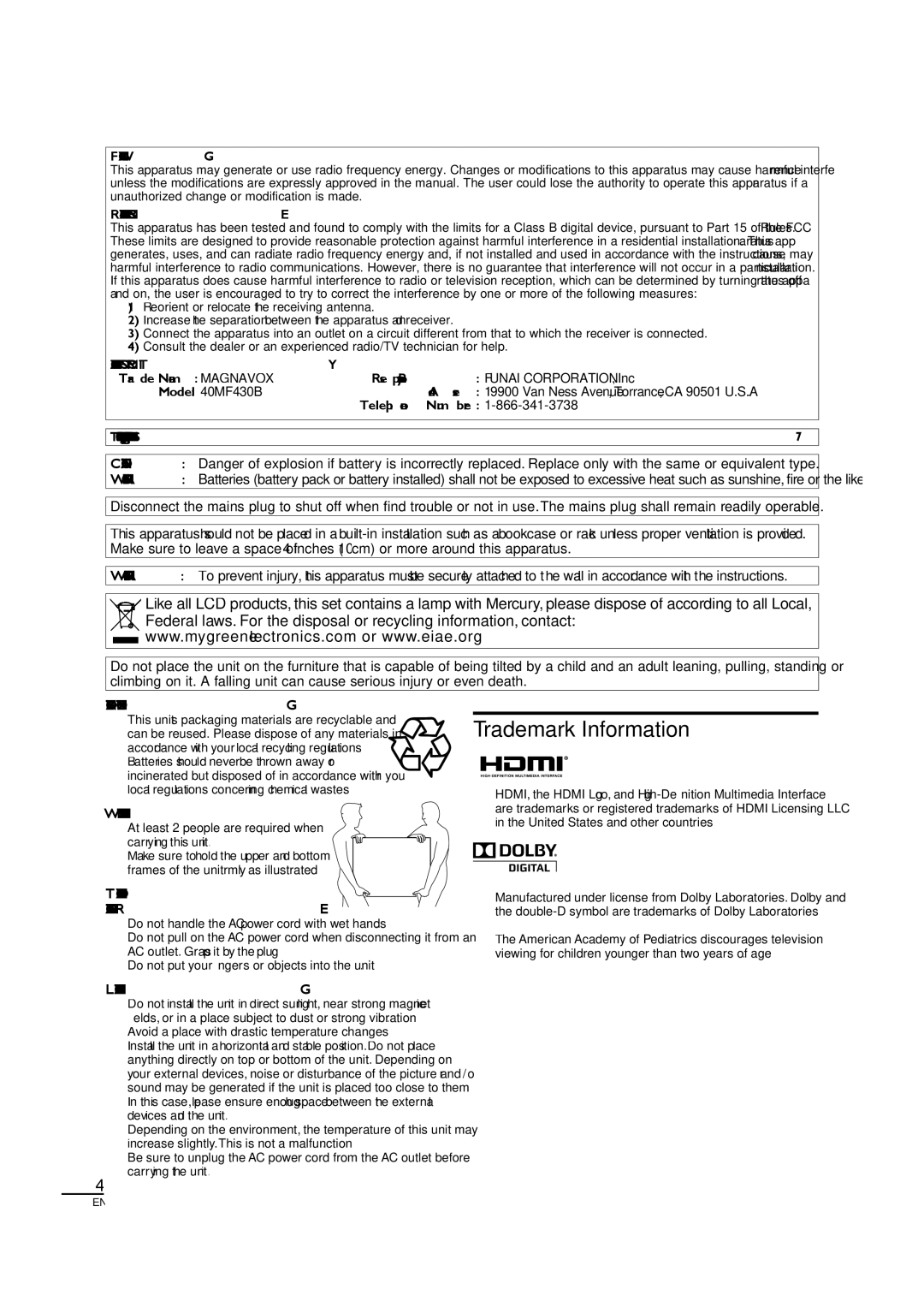 Magnavox 40MF430B owner manual Trademark Information, Batteries should never be thrown away or 