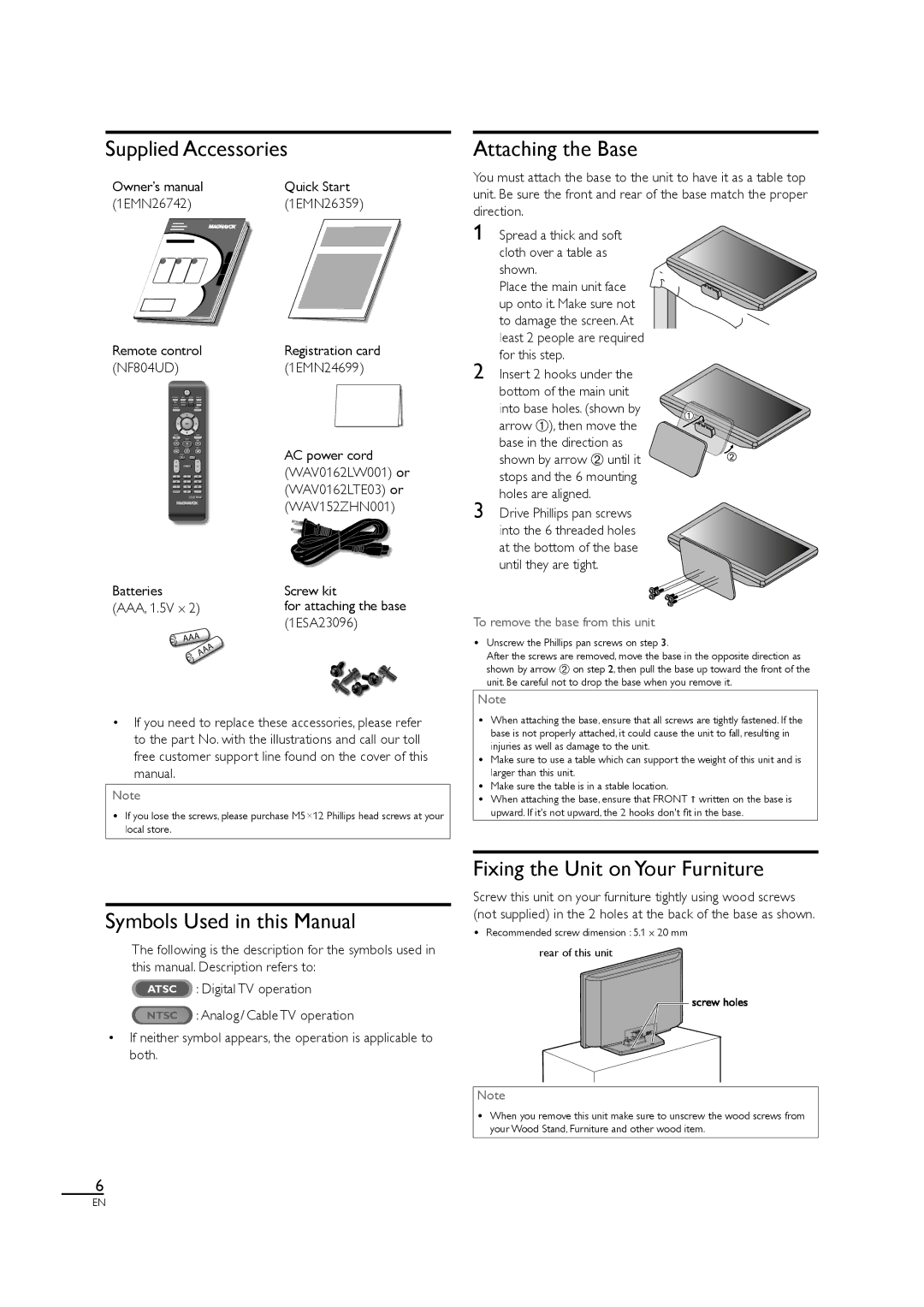 Magnavox 40MF430B Supplied Accessories, Attaching the Base, Symbols Used in this Manual, Fixing the Unit on Your Furniture 