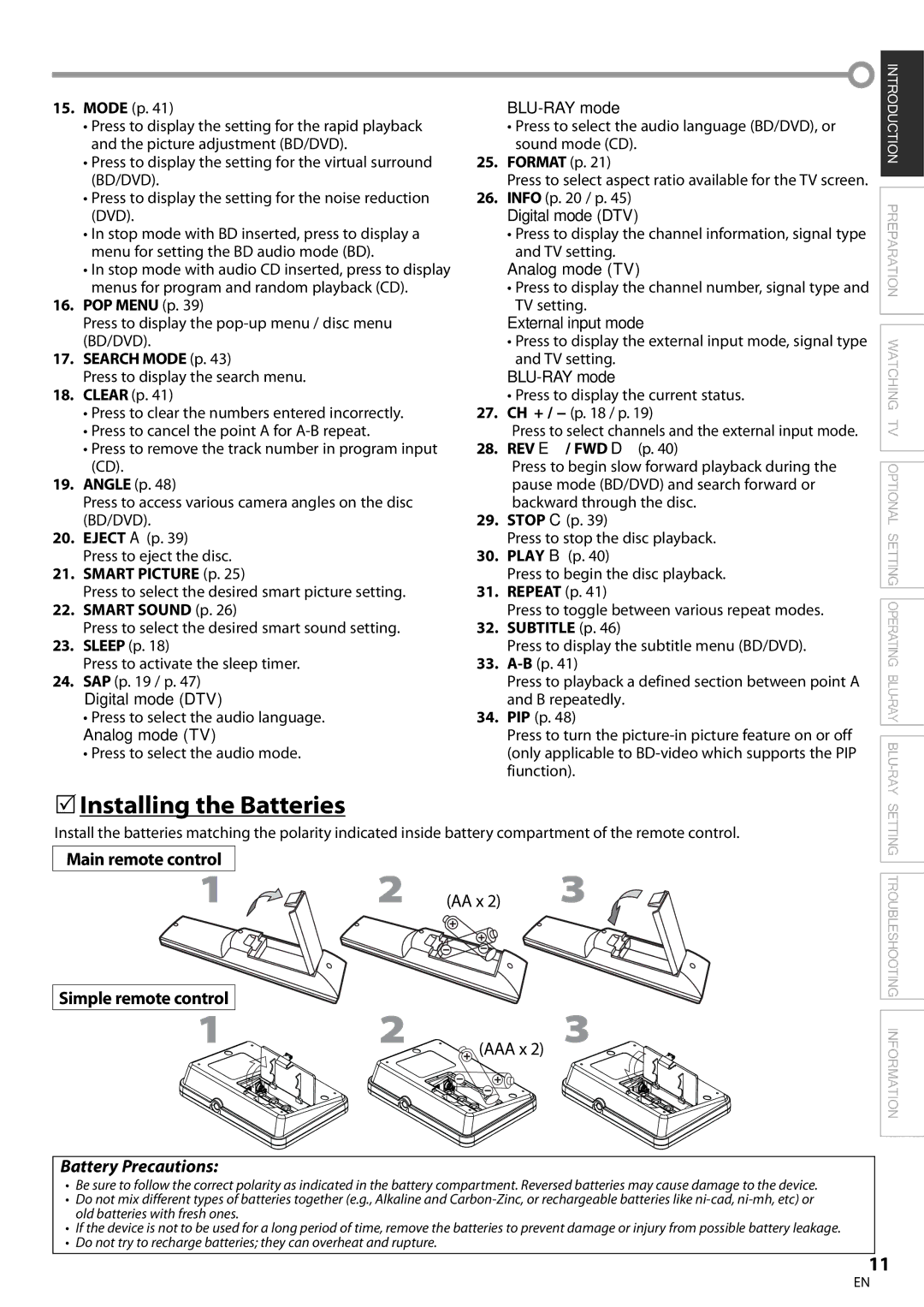 Magnavox 42MD459B user manual Installing the Batteries, Main remote control, Battery Precautions 