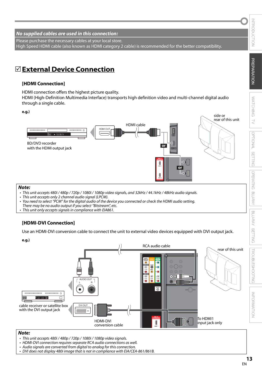 Magnavox 42MD459B user manual External Device Connection, Hdmi Connection, HDMI-DVI Connection 