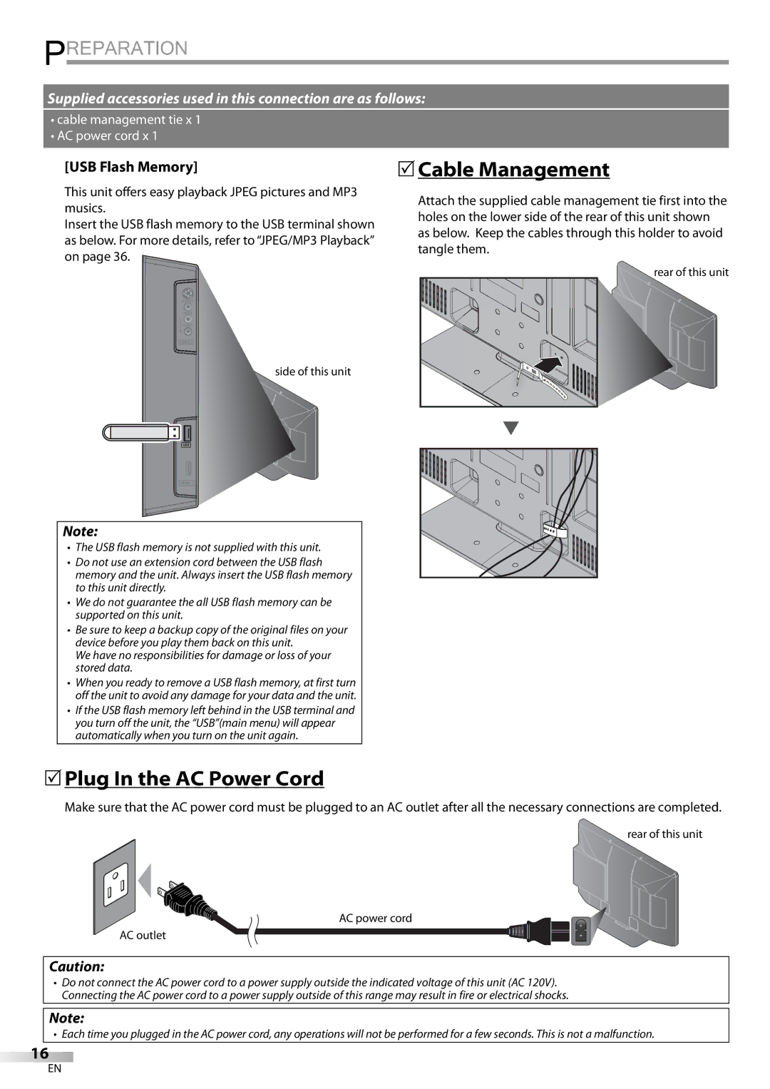 Magnavox 42MD459B user manual Cable Management, Plug In the AC Power Cord, USB Flash Memory 