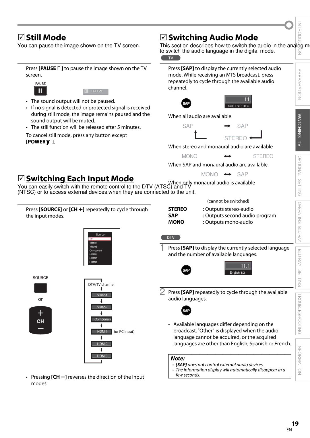 Magnavox 42MD459B user manual Still Mode, Switching Each Input Mode, Switching Audio Mode 