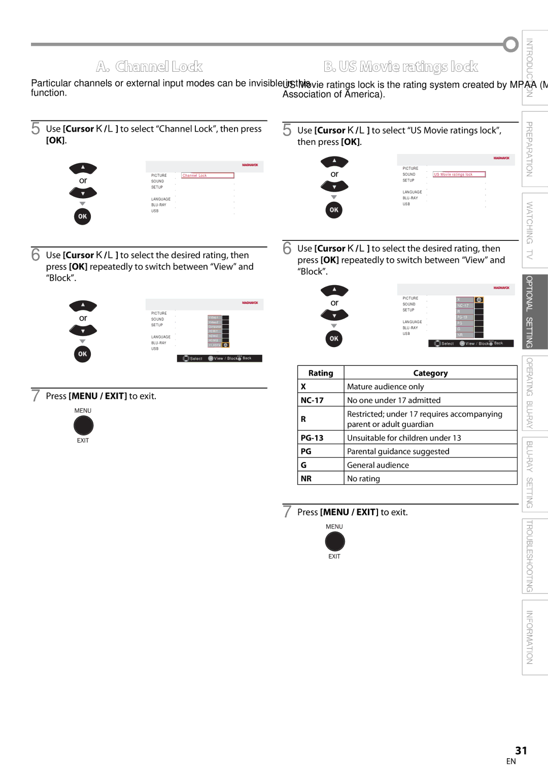Magnavox 42MD459B US Movie ratings lock, Use Cursor K/L to select Channel Lock, then press OK, Association of America 