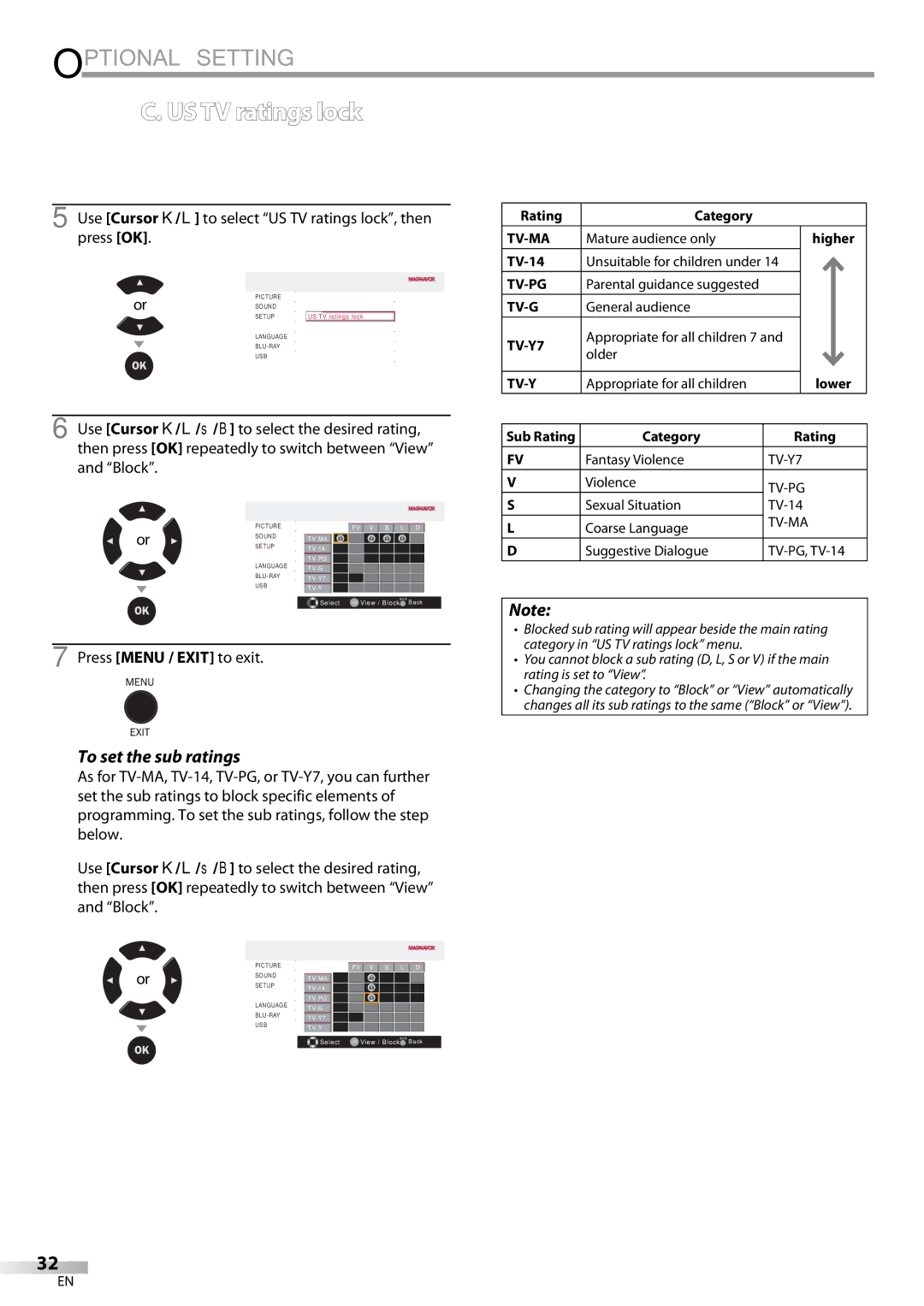 Magnavox 42MD459B user manual To set the sub ratings, Use Cursor K/L to select US TV ratings lock, then press OK 