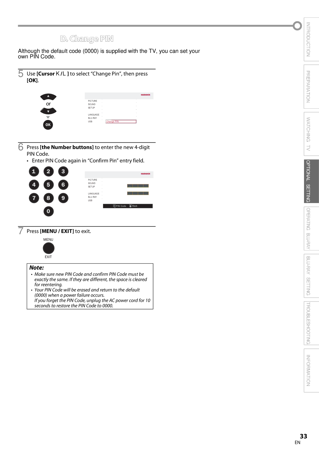 Magnavox 42MD459B user manual Change PIN, Use Cursor K/L to select Change Pin, then press OK 