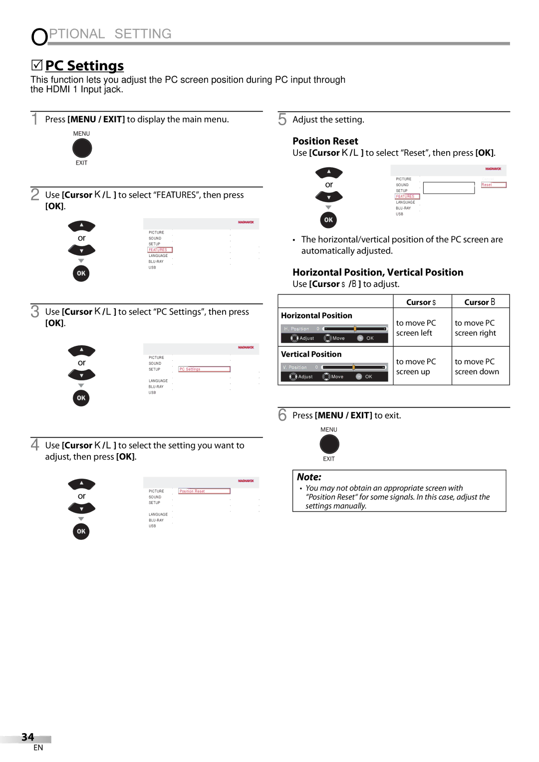 Magnavox 42MD459B user manual PC Settings, Position Reset, Horizontal Position, Vertical Position 