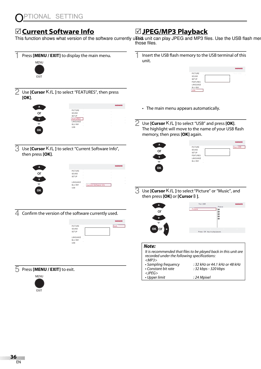 Magnavox 42MD459B user manual Current Software Info, JPEG/MP3 Playback, Confirm the version of the software currently used 