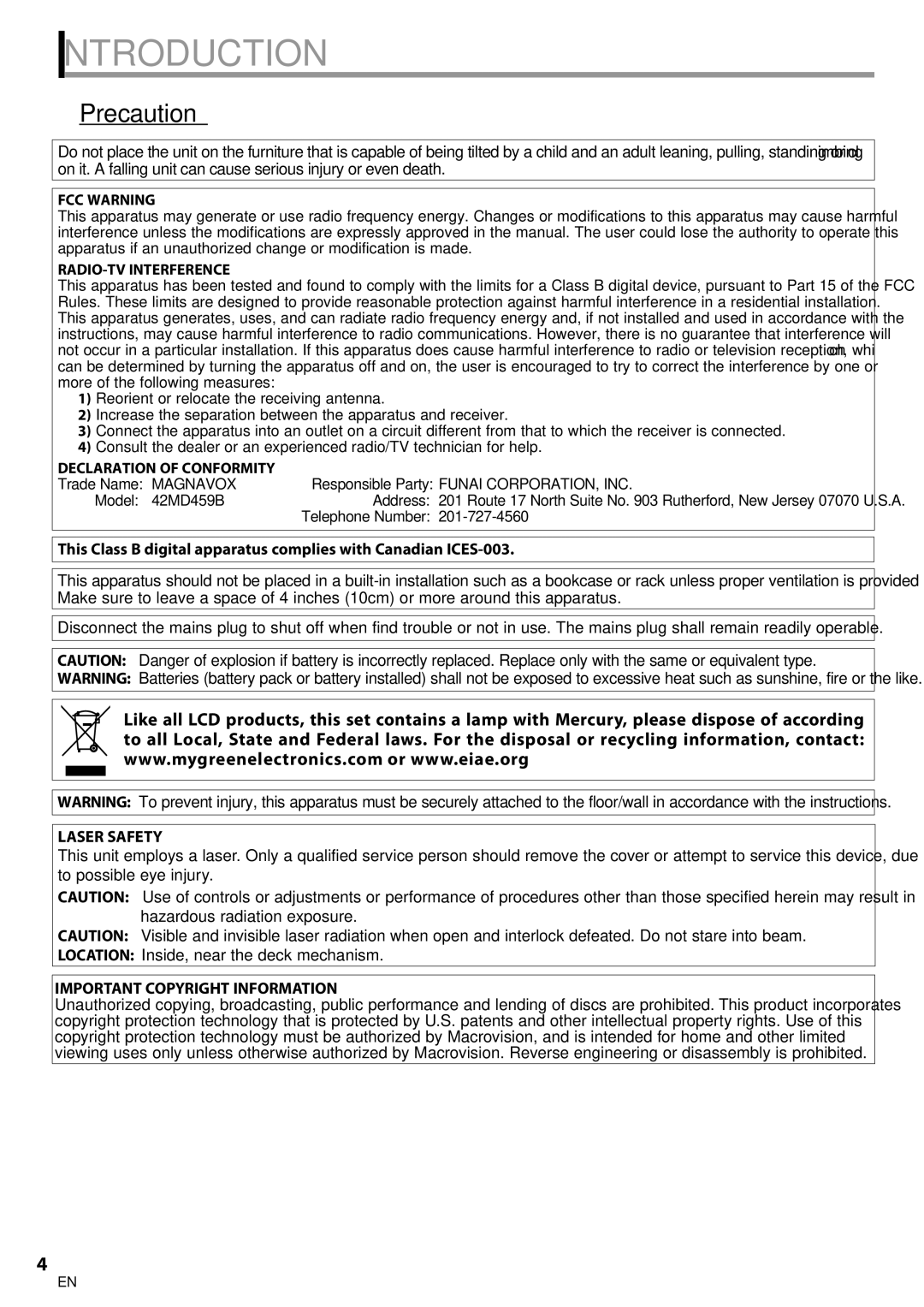 Magnavox 42MD459B user manual Introduction, Precaution, Responsible Party 