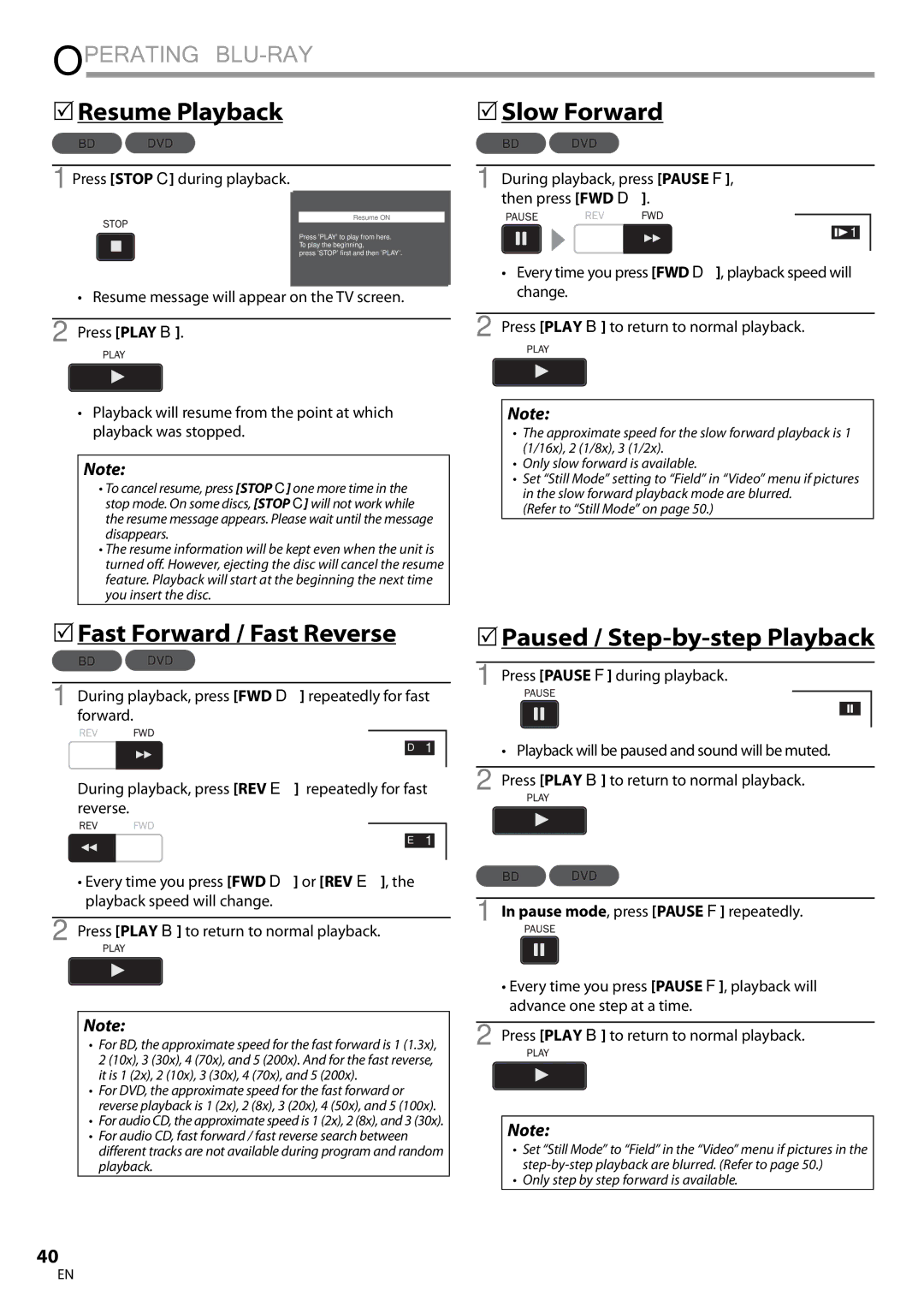 Magnavox 42MD459B user manual Fast Forward / Fast Reverse, Paused / Step-by-step Playback, 1Press Stop C during playback 