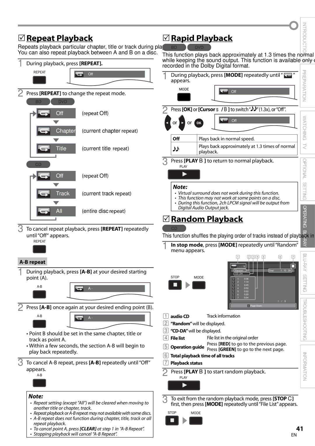 Magnavox 42MD459B Repeat Playback, Rapid Playback, Random Playback, Current title repeat, Track current track repeat 