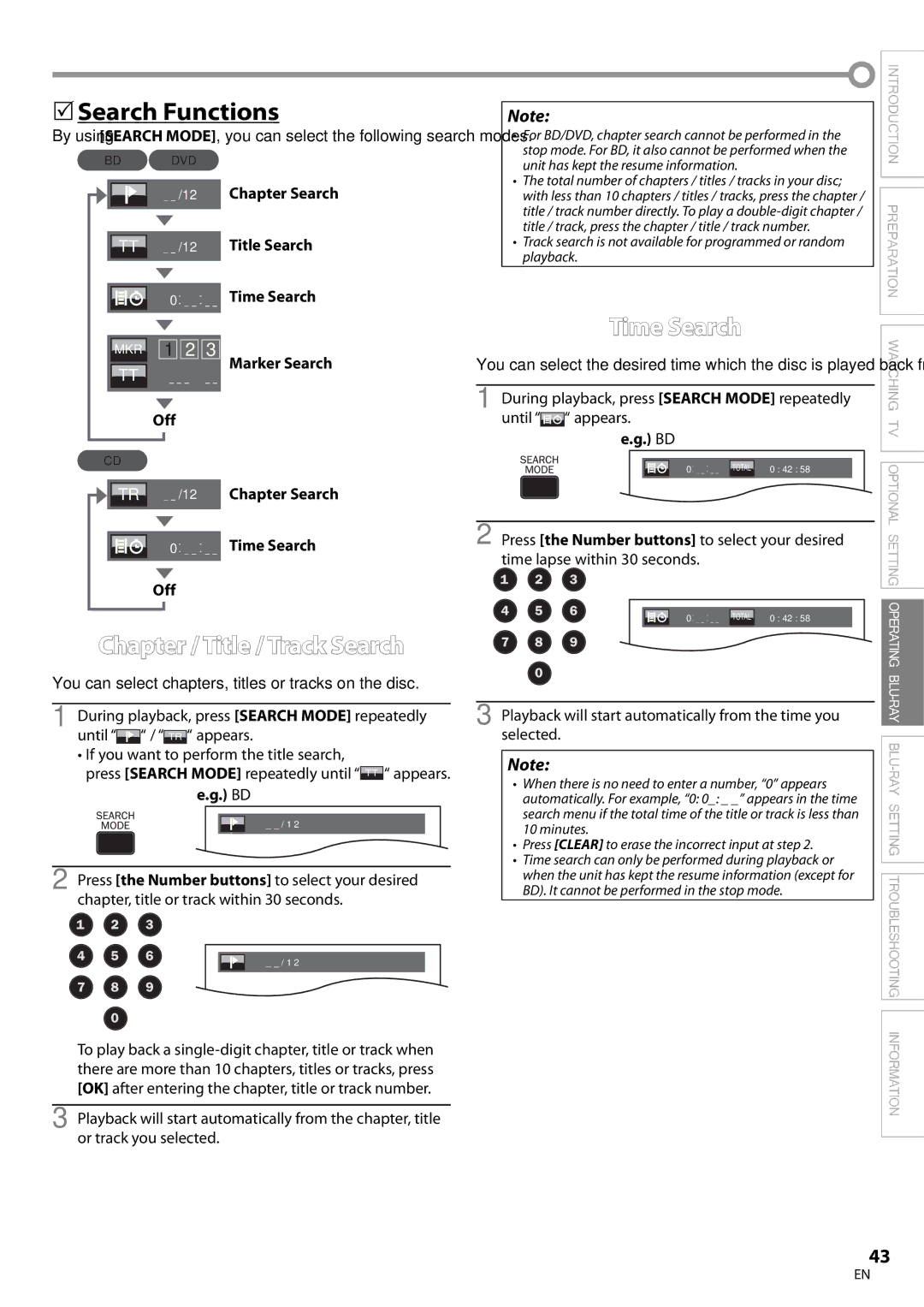 Magnavox 42MD459B Search Functions, Chapter / Title / Track Search, Chapter Search Title Search Time Search, Off 