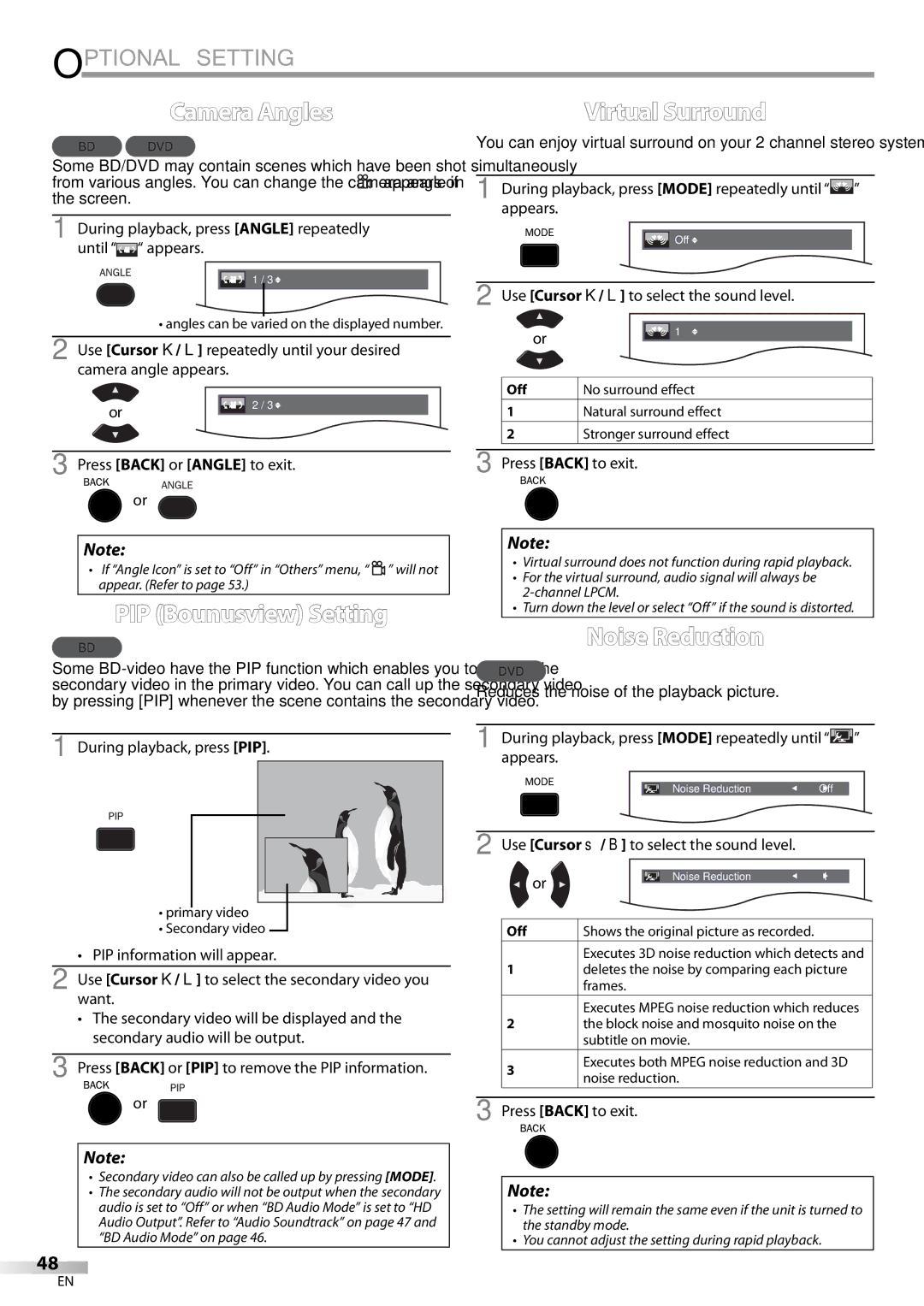 Magnavox 42MD459B user manual Camera Angles, Virtual Surround, PIP Bounusview Setting, Noise Reduction 