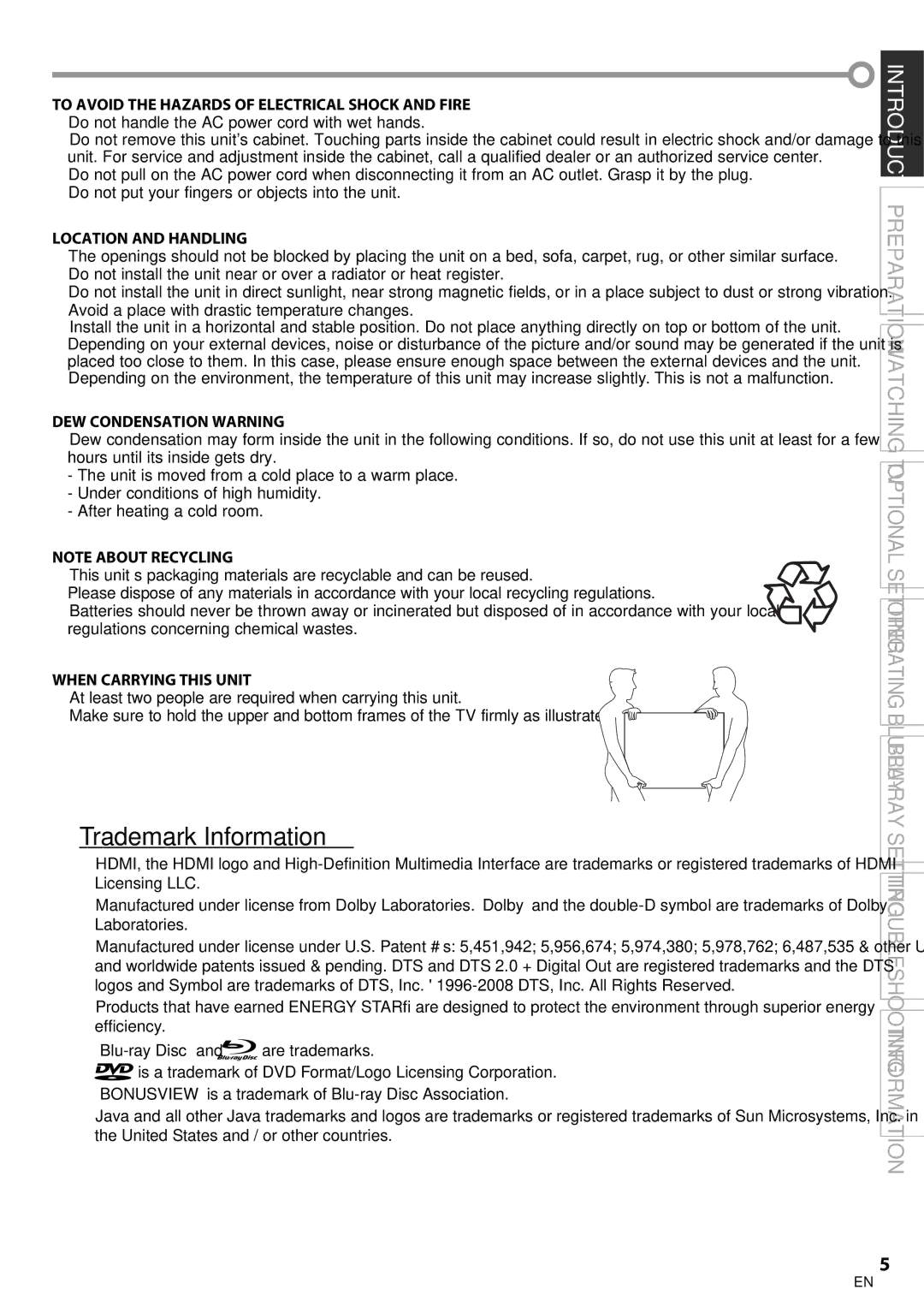 Magnavox 42MD459B user manual Trademark Information, Do not handle the AC power cord with wet hands 