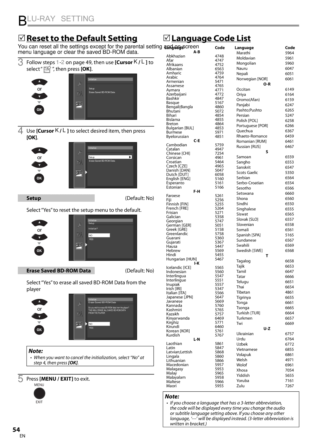 Magnavox 42MD459B Reset to the Default Setting Language Code List, Use Cursor K/ L to select desired item, then press OK 