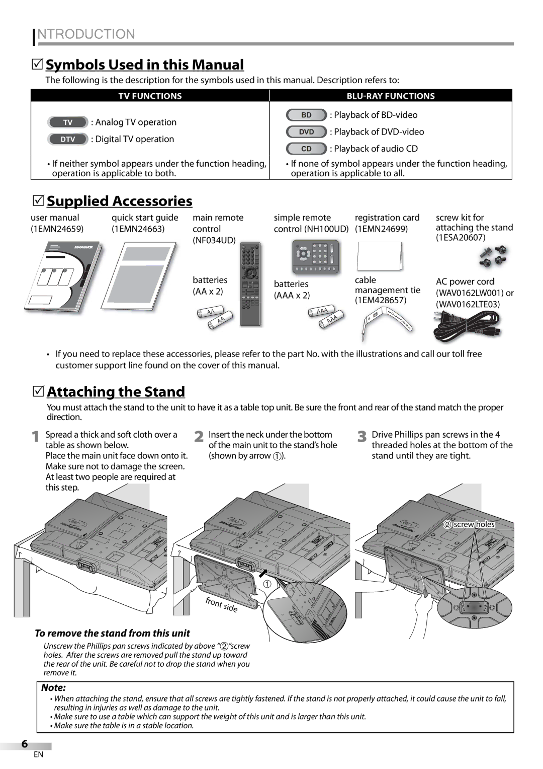 Magnavox 42MD459B user manual Symbols Used in this Manual, Supplied Accessories, Attaching the Stand, 1EM428657 