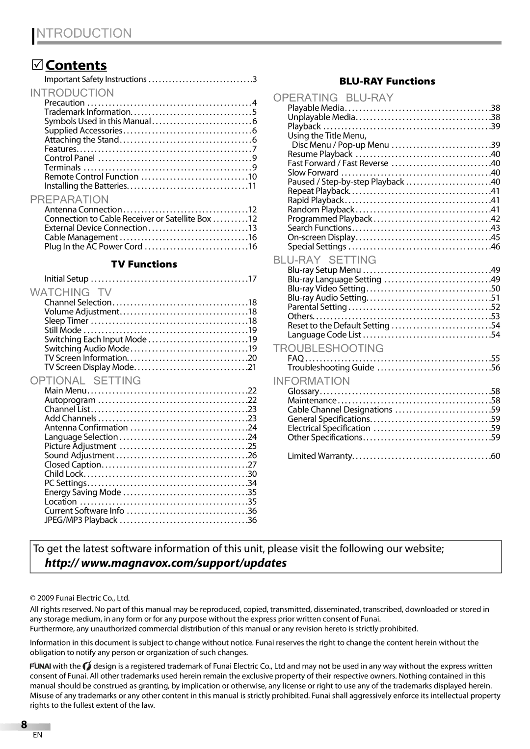 Magnavox 42MD459B user manual Contents, BLU-RAY Functions, TV Functions, Using the Title Menu 