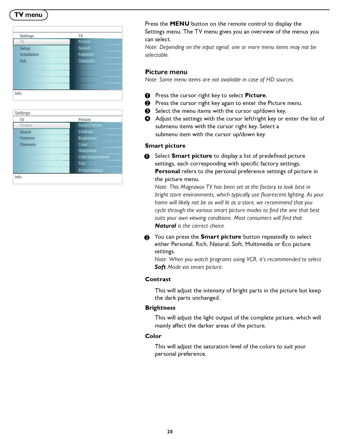 Magnavox 42MF231D/331D user manual Picture menu, Smart picture, Contrast, Brightness, Color 