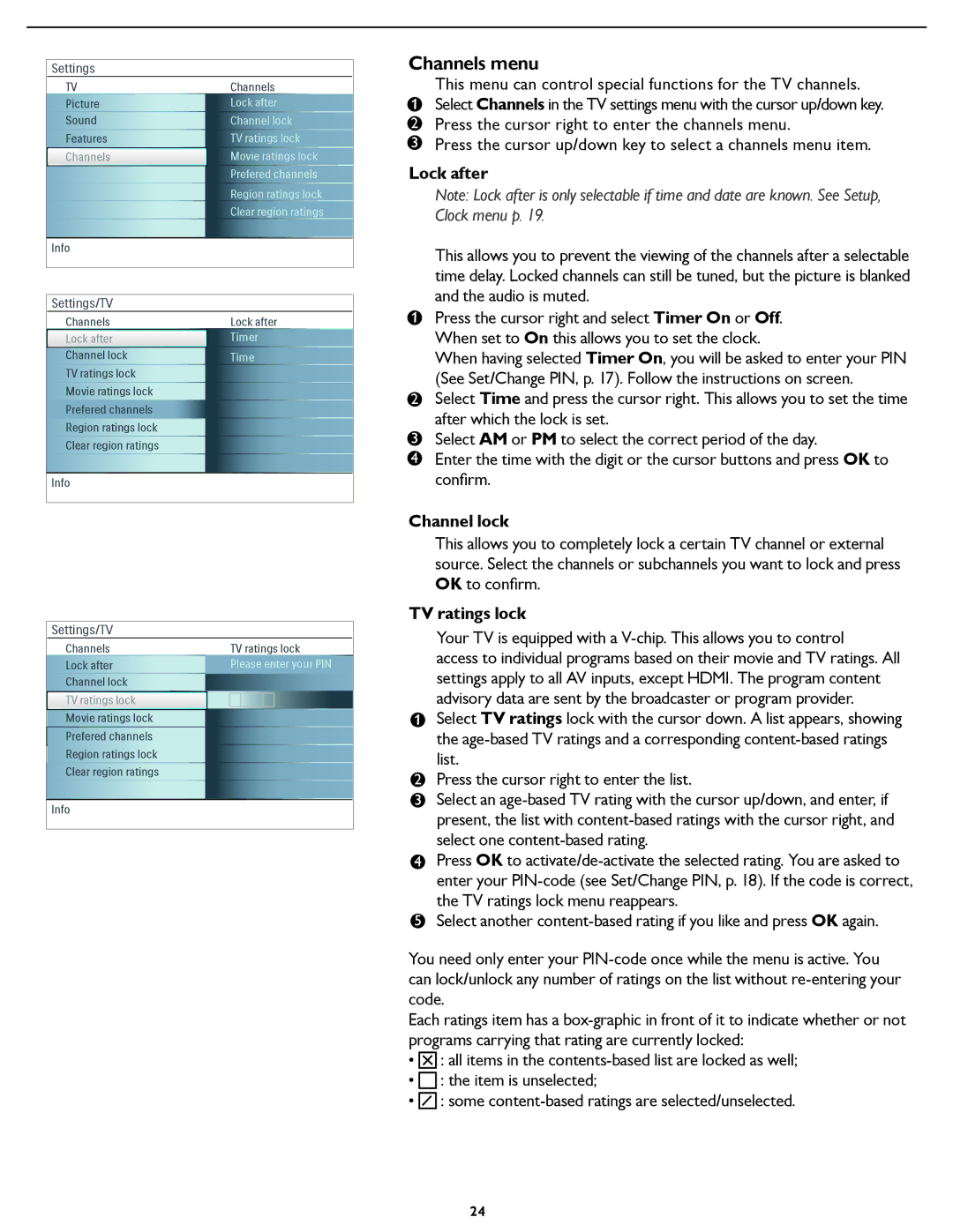 Magnavox 42MF231D/331D user manual Channels menu, Lock after, Channel lock, TV ratings lock 