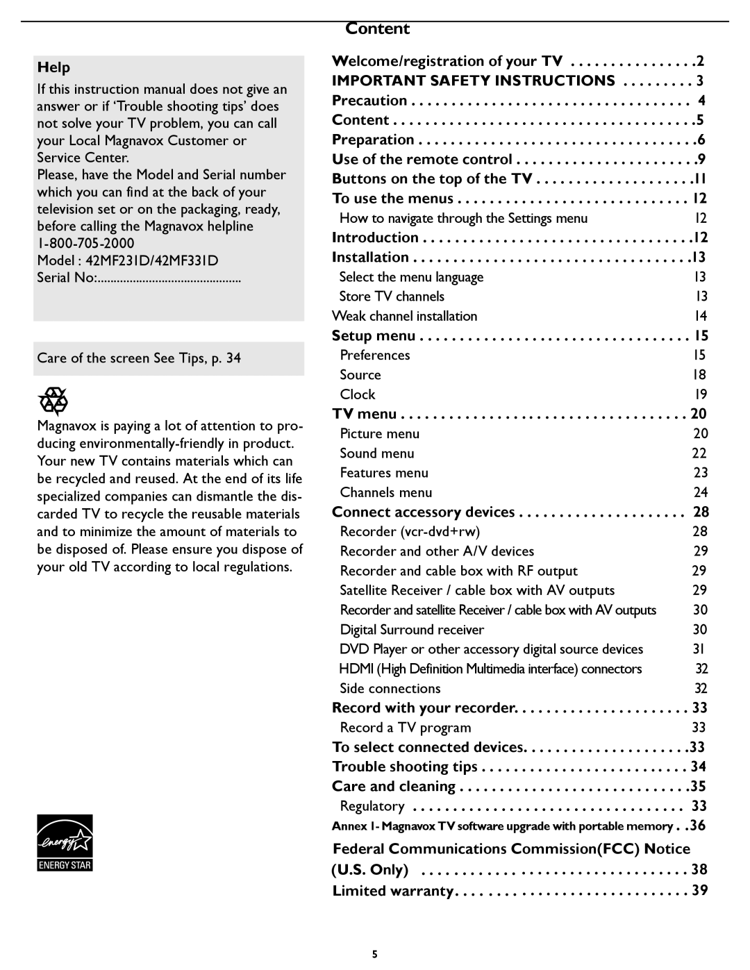 Magnavox 42MF231D/331D user manual Help, Introduction Installation, Setup menu, TV menu, Connect accessory devices 