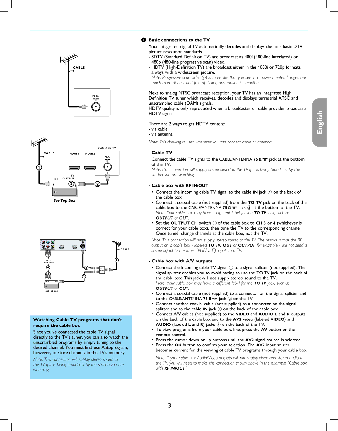 Magnavox 42MF237S user manual Watching Cable TV programs that don’t require the cable box, Basic connections to the TV 