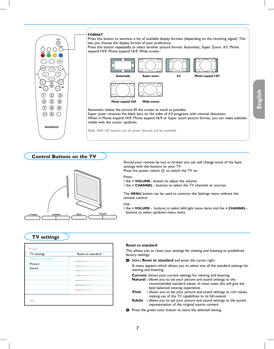 Magnavox 42MF237S user manual Control Buttons on the TV, TV settings, Reset to standard, Vivid, Subtle 