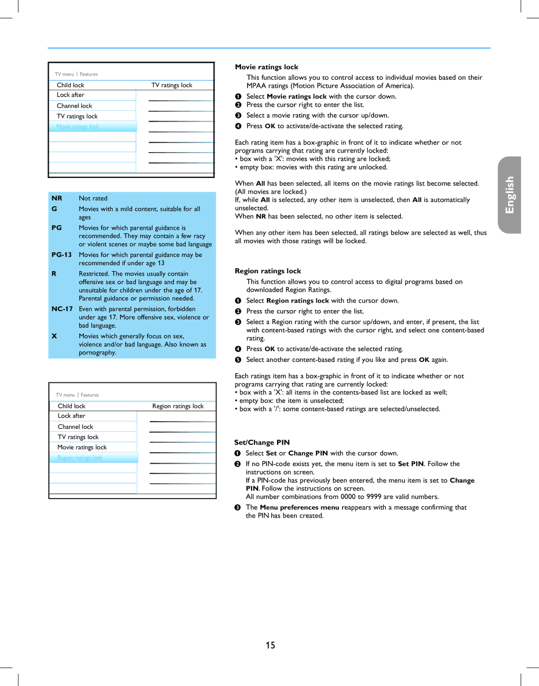 Magnavox 42MF237S user manual Movie ratings lock, Region ratings lock 