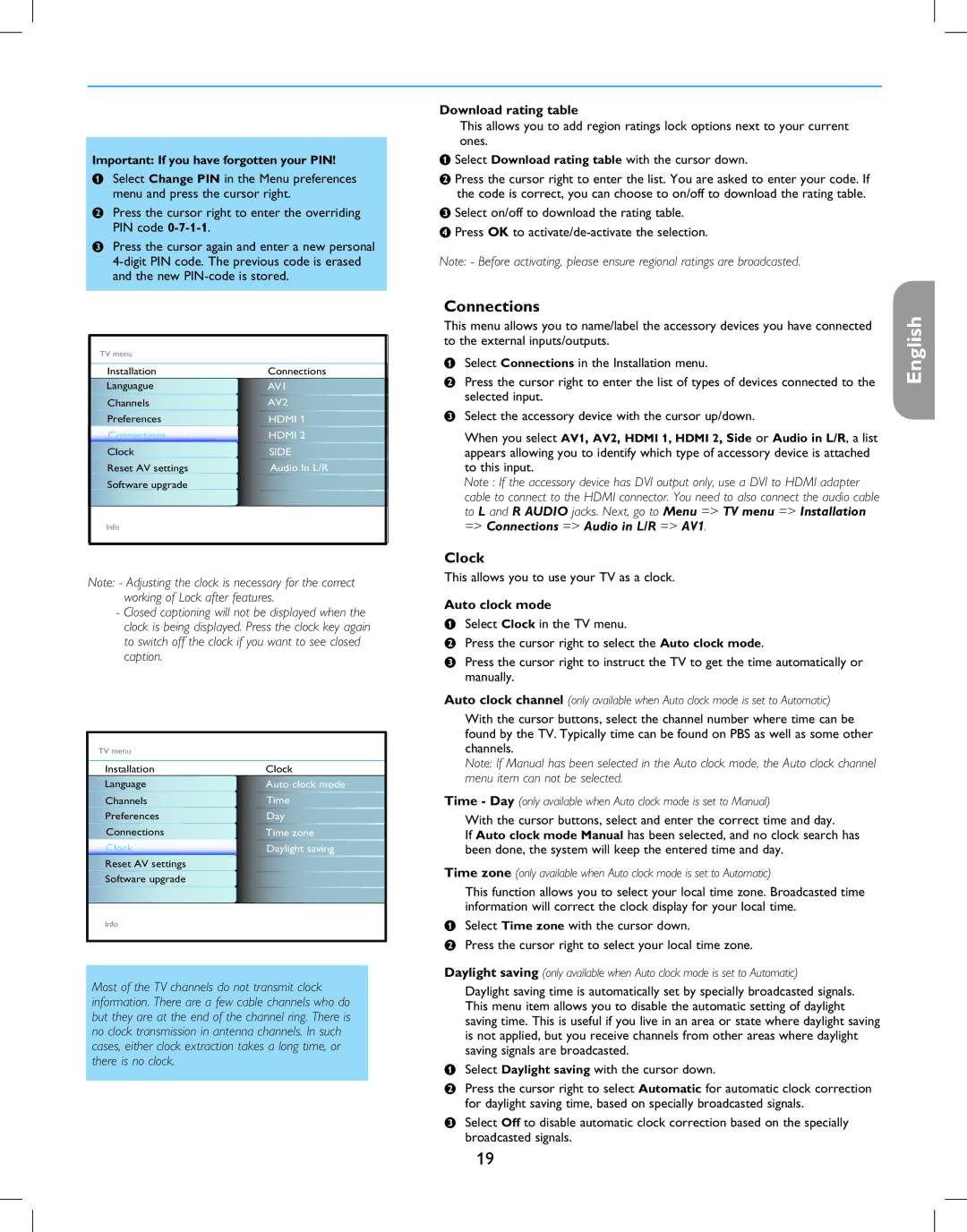 Magnavox 42MF237S user manual Connections, Download rating table, Auto clock mode 