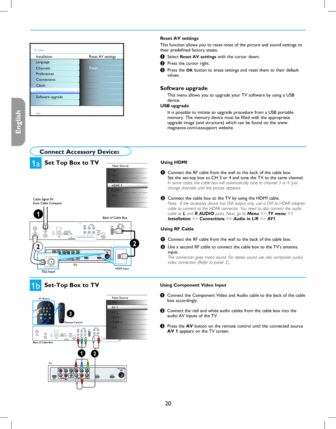 Magnavox 42MF237S user manual Connect Accessory Devices, 1a Set Top Box to TV, 1b Set-Top Box to TV, Software upgrade 