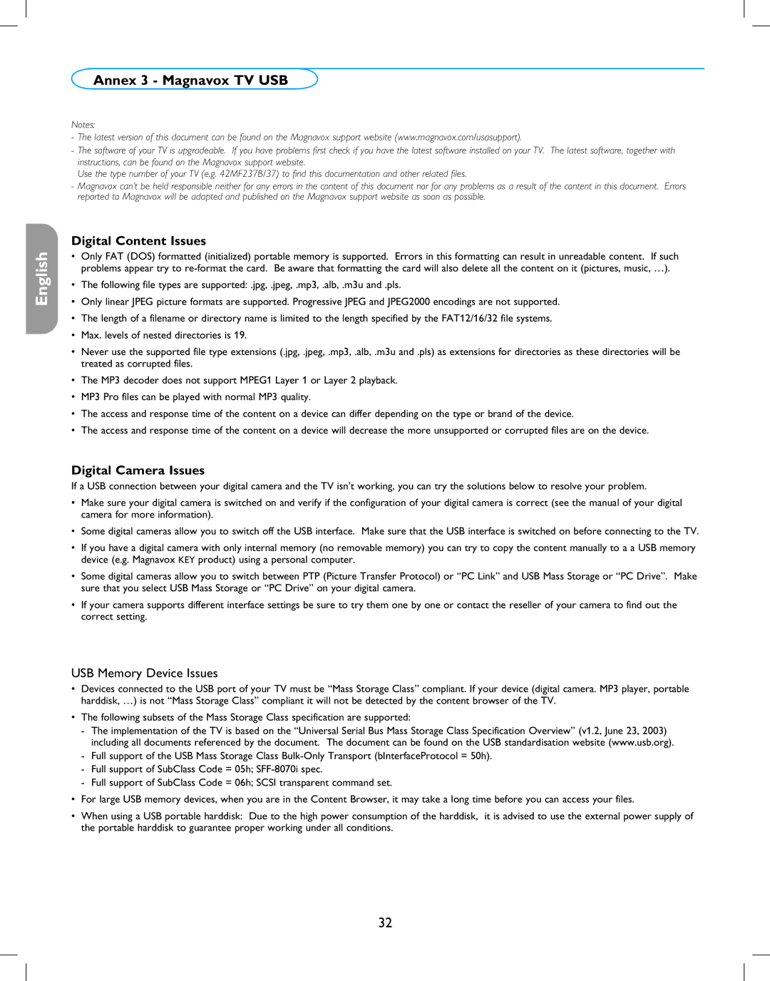 Magnavox 42MF237S user manual Annex 3 Magnavox TV USB, Digital Content Issues, Digital Camera Issues 