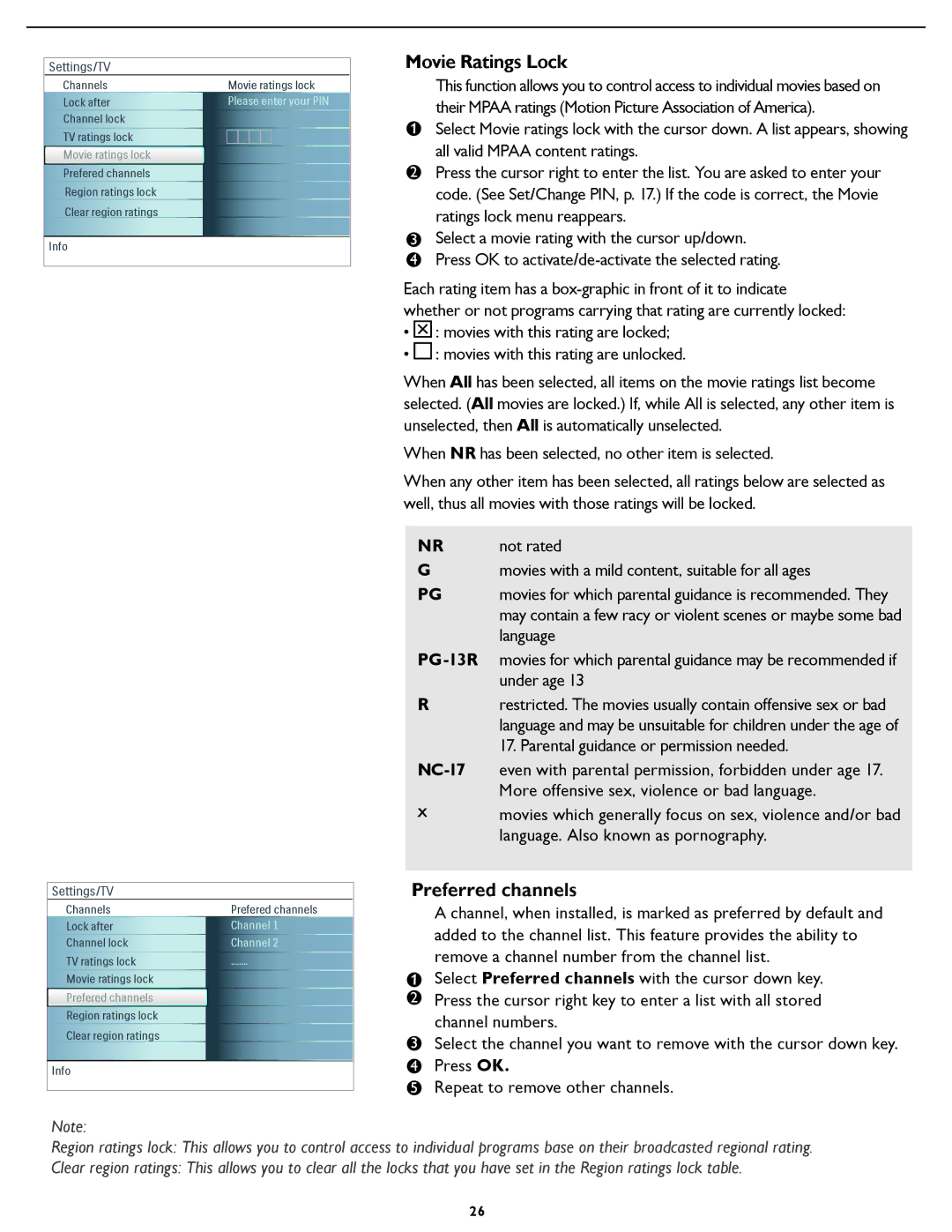 Magnavox 42MF521D, 42MF431D, 42MF531D user manual Movie Ratings Lock, Preferred channels 
