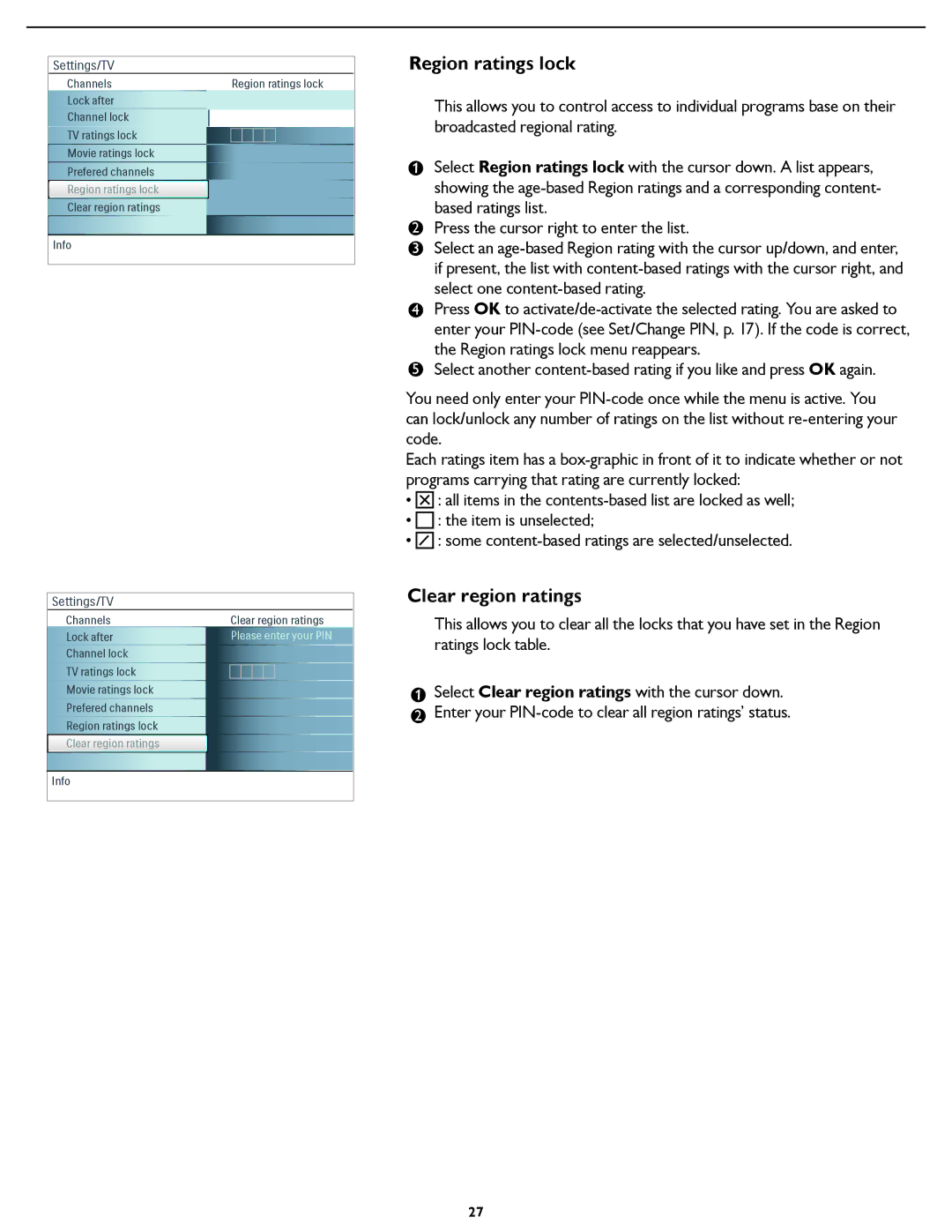 Magnavox 42MF431D, 42MF531D, 42MF521D user manual Region ratings lock, Clear region ratings 