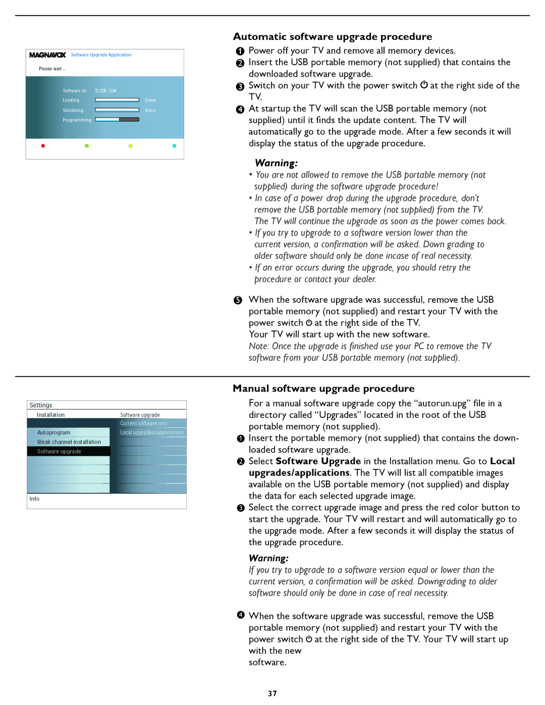 Magnavox 42MF531D, 42MF431D, 42MF521D user manual Automatic software upgrade procedure 