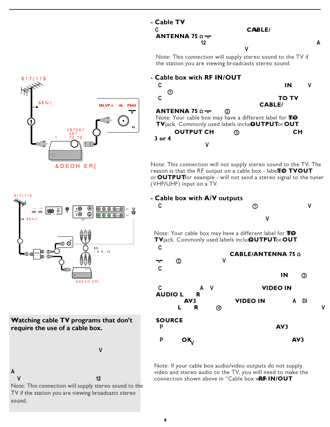 Magnavox 37MF437B, 42MF437B, 37MF337B, 42MF337B user manual Cable TV, Cable box with RF IN/OUT, Cable box with A/V outputs 