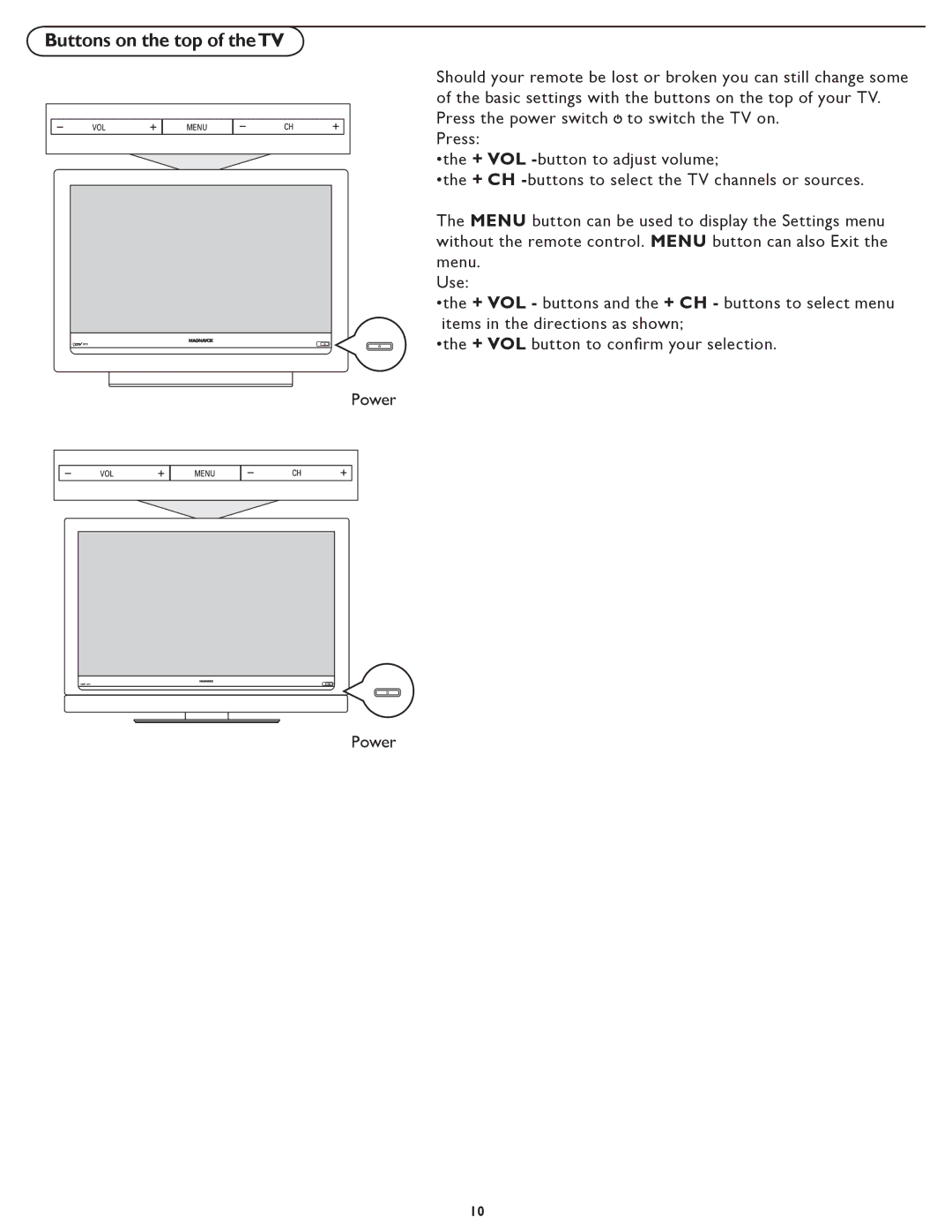 Magnavox 37MF437B, 42MF437B, 37MF337B, 42MF337B user manual Buttons on the top of theTV 