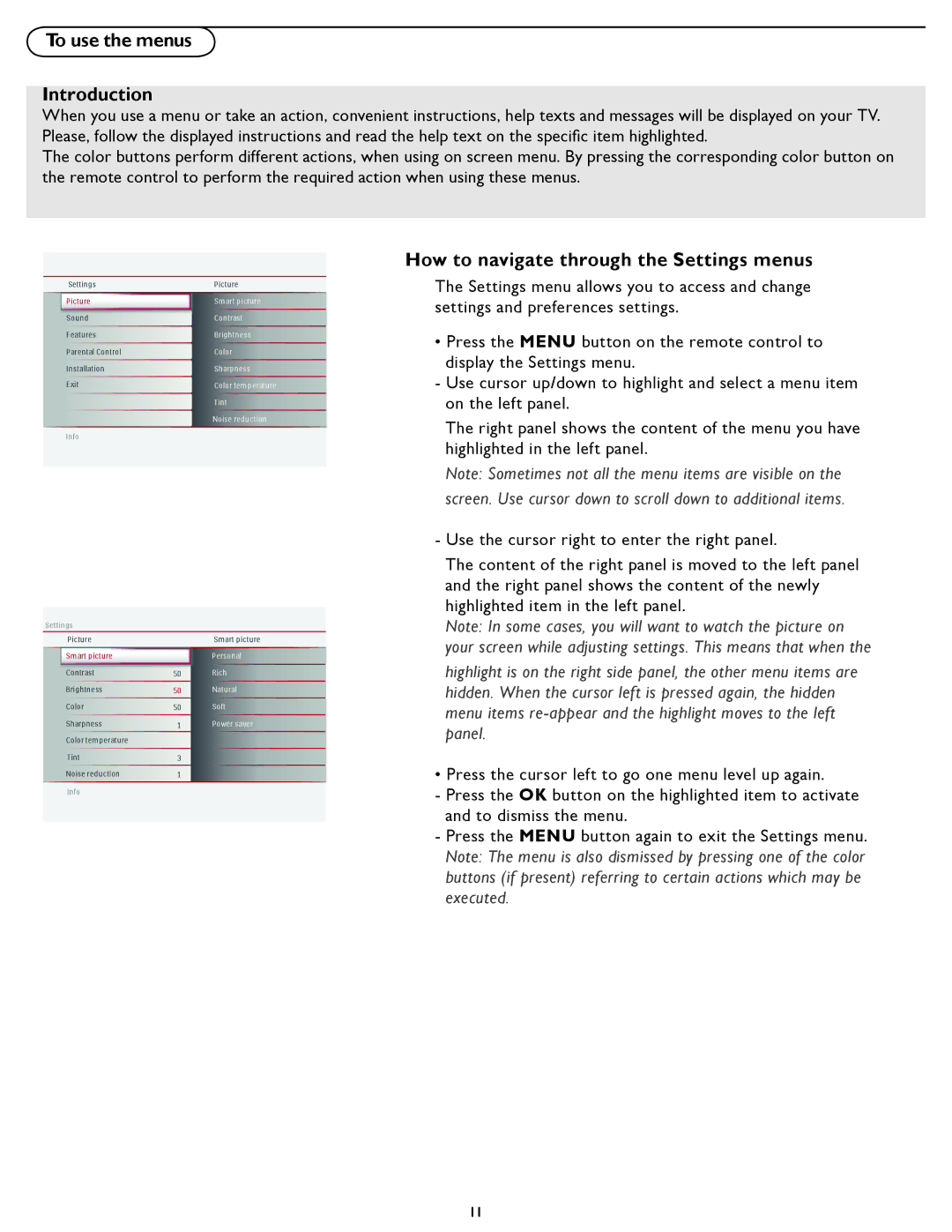 Magnavox 37MF337B, 42MF437B, 37MF437B, 42MF337B To use the menus Introduction, How to navigate through the Settings menus 