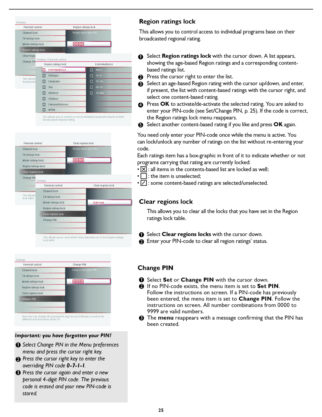 Magnavox 42MF437B, 37MF437B, 37MF337B, 42MF337B user manual Region ratings lock, Clear regions lock, Change PIN 