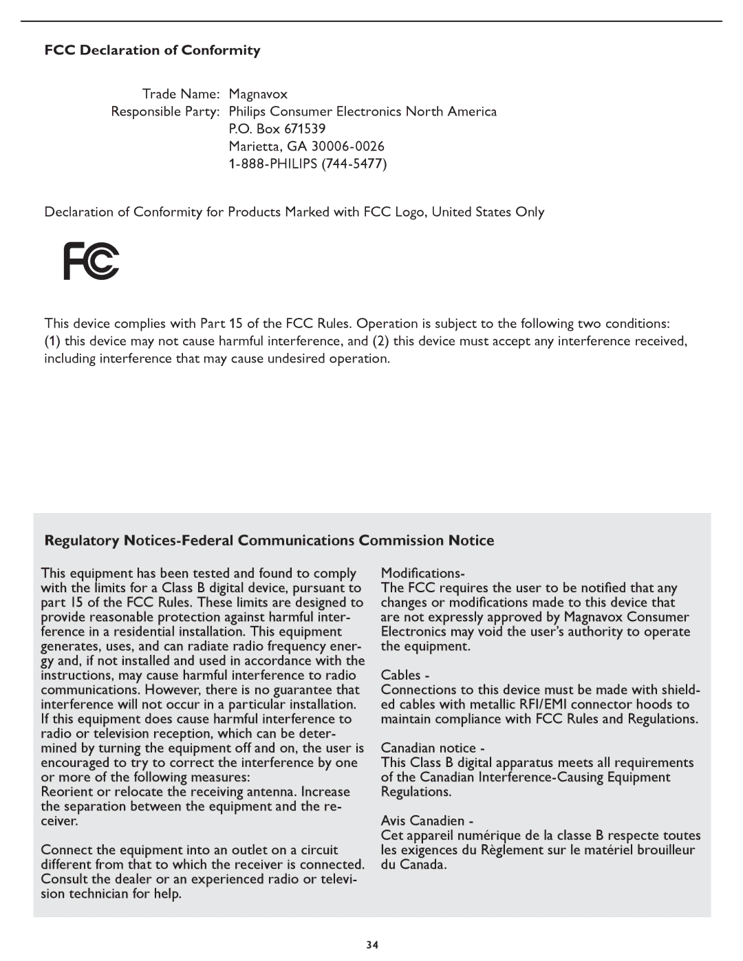 Magnavox 37MF437B, 42MF437B FCC Declaration of Conformity, Regulatory Notices-Federal Communications Commission Notice 