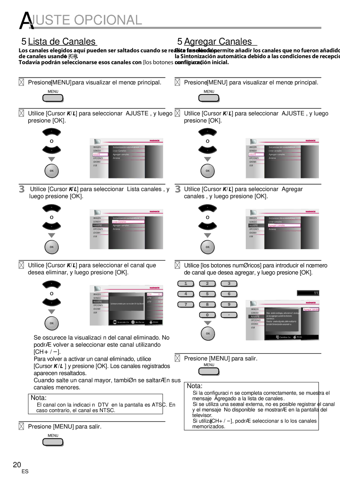 Magnavox 42MF439B user manual 5Lista de Canales, 5Agregar Canales, Ch + 