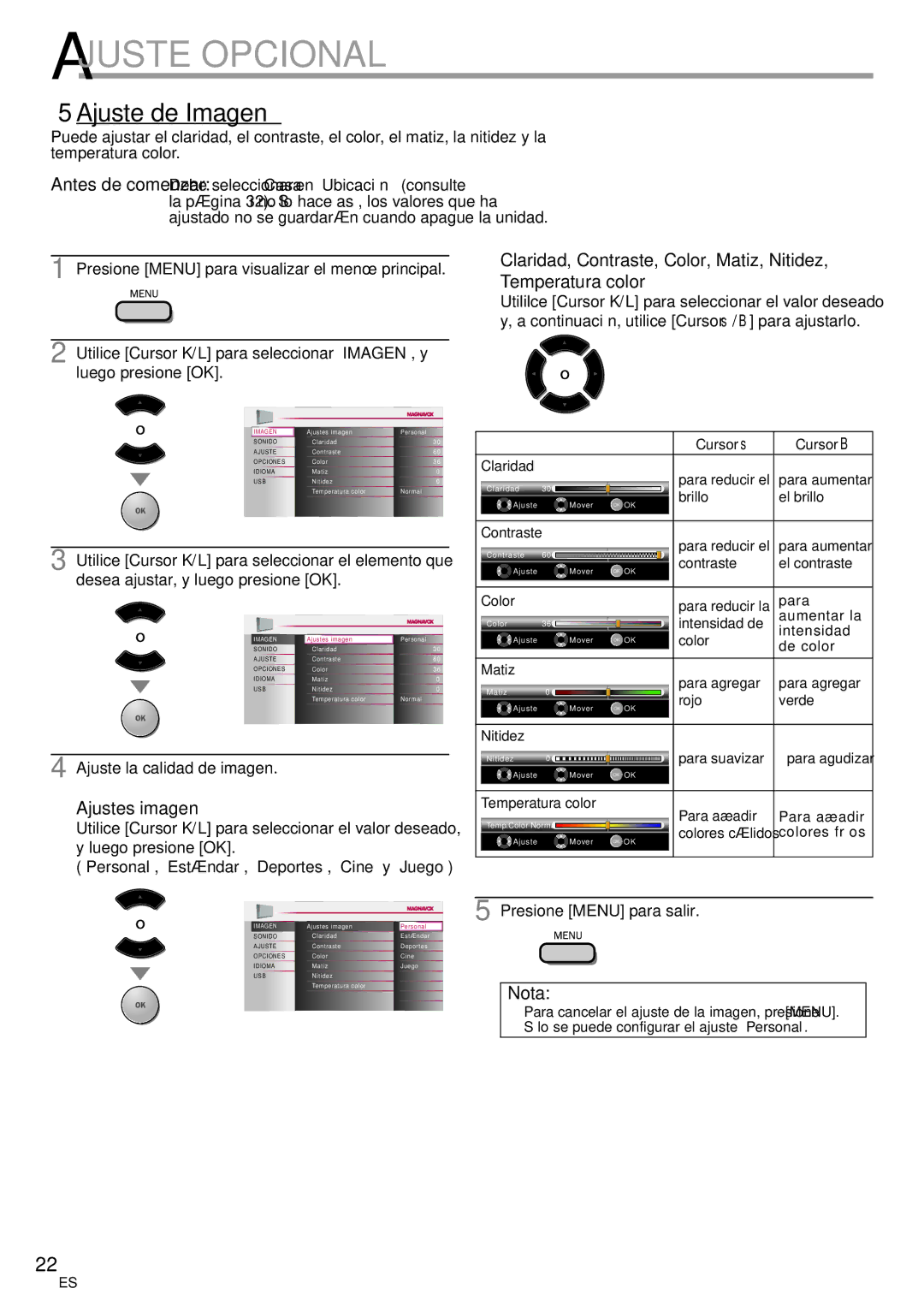 Magnavox 42MF439B user manual 5Ajuste de Imagen, Ajustes imagen, Presione Menu para visualizar el menú principal 