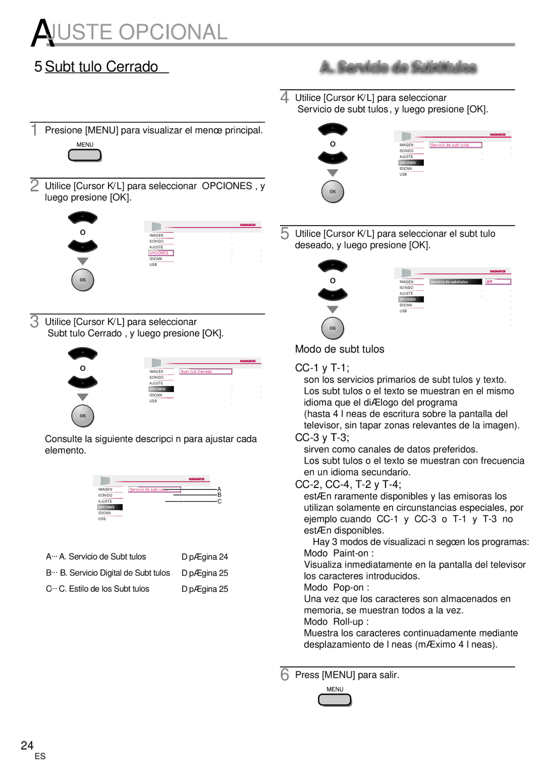 Magnavox 42MF439B user manual 5Subtítulo Cerrado, Servicio de Subtítulos, Modo de subtítulos 