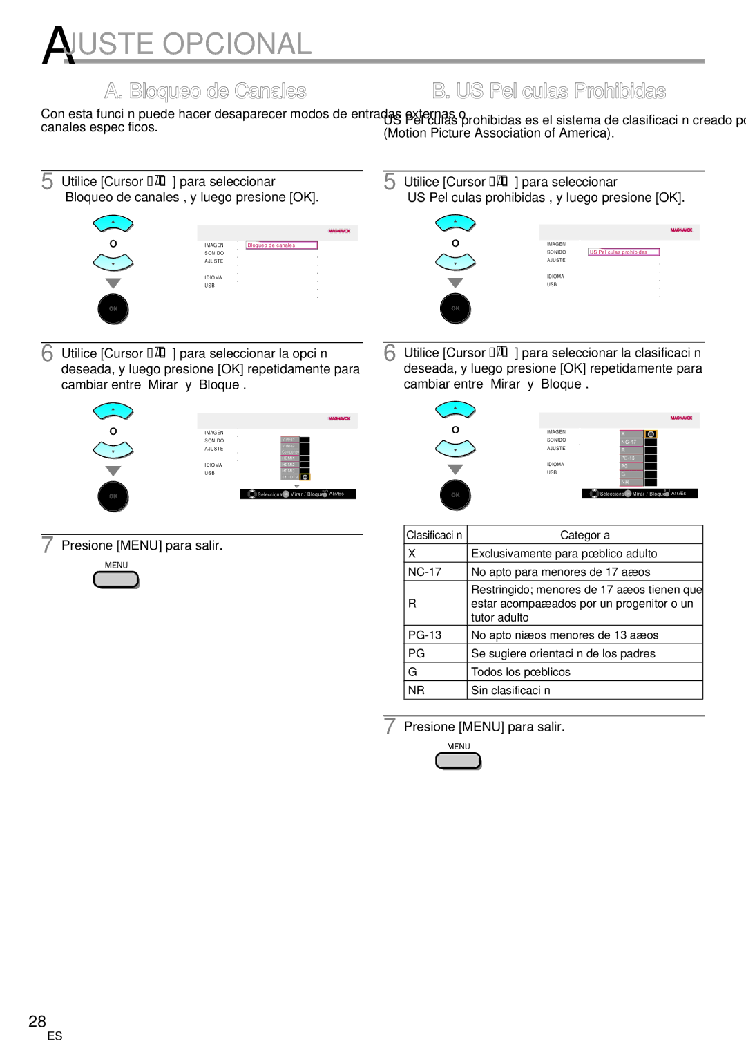 Magnavox 42MF439B user manual Bloqueo de Canales, US Películas Prohibidas 