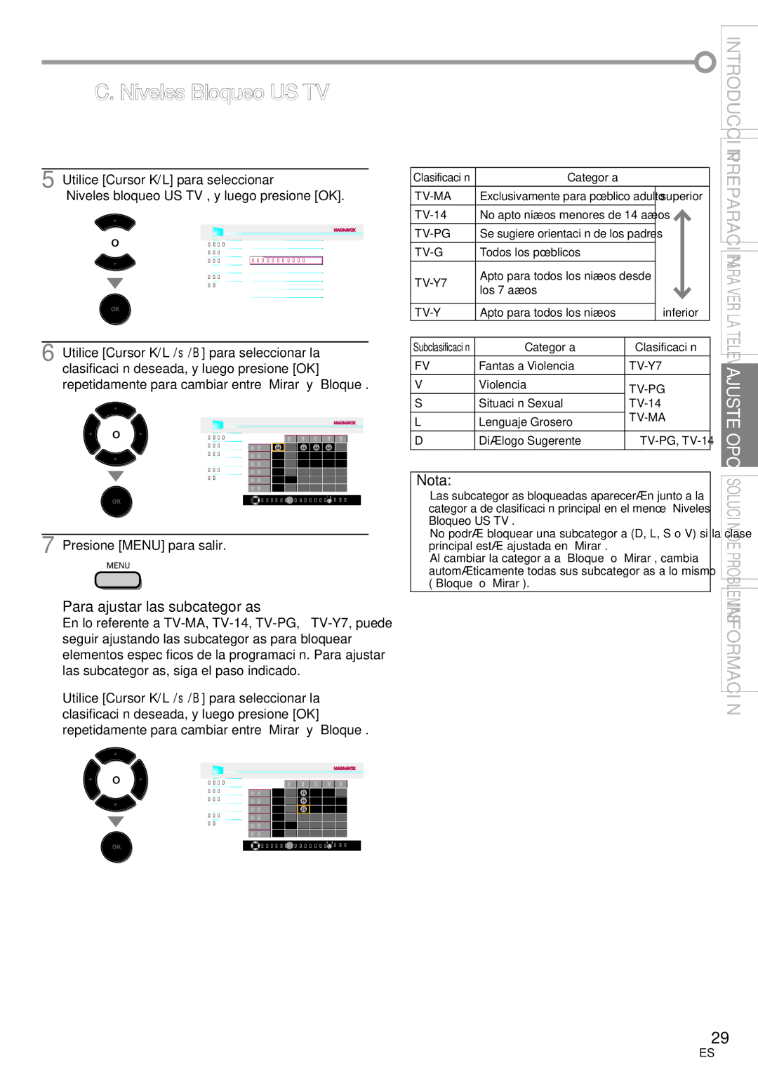 Magnavox 42MF439B user manual Niveles Bloqueo US TV, Para ajustar las subcategorías, Inferior, Categoría Clasificación 