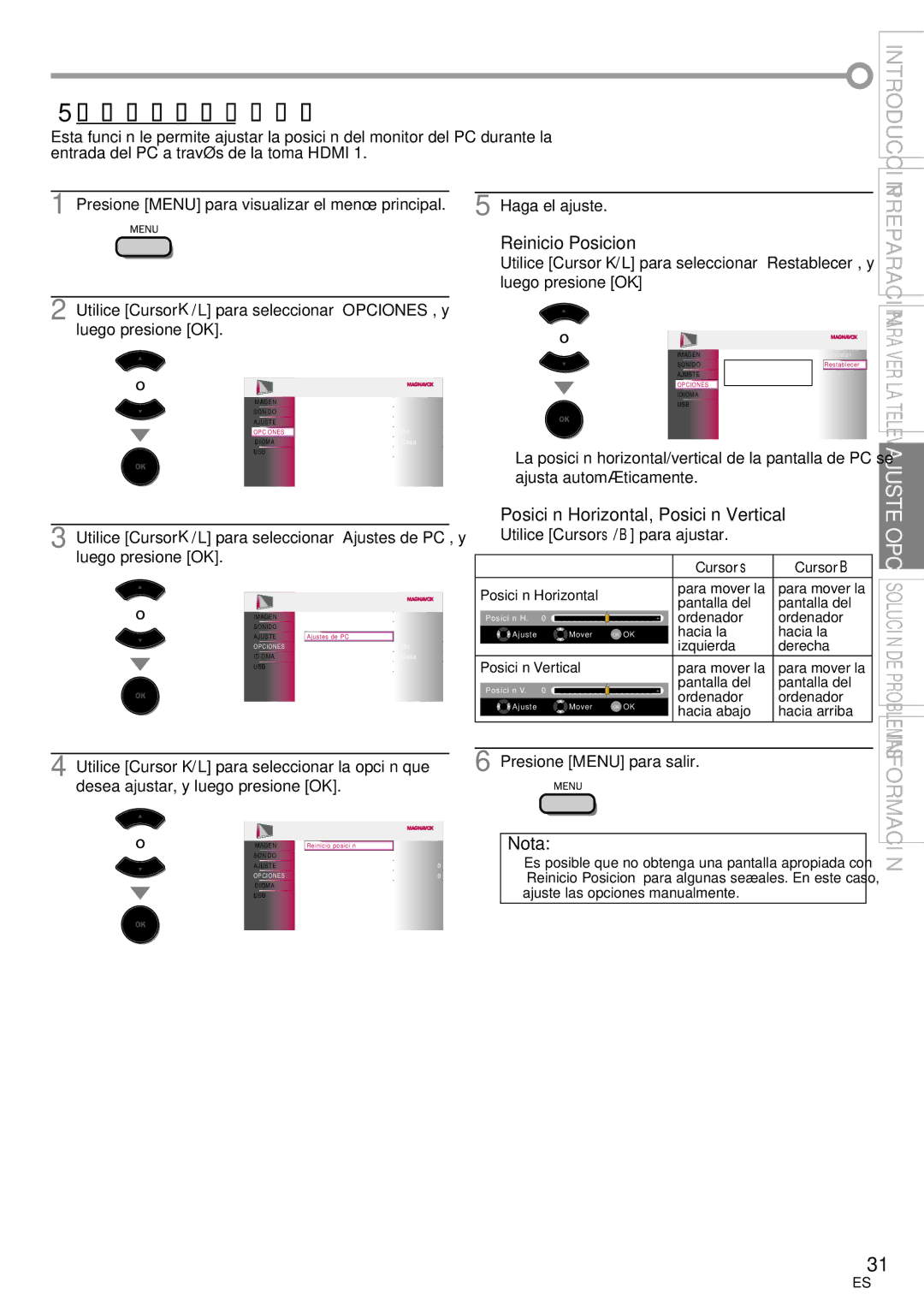 Magnavox 42MF439B 5Ajustes de PC, Reinicio Posicion, Posición Horizontal, Posición Vertical, Ajusta automáticamente 