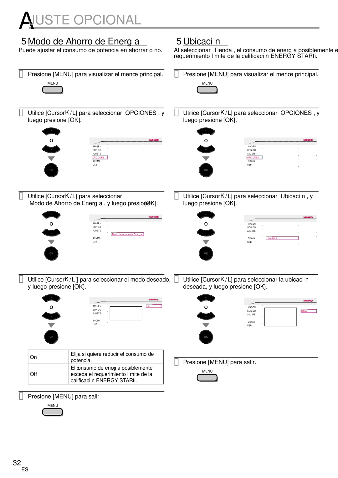 Magnavox 42MF439B user manual 5Modo de Ahorro de Energía, Ubicación, Puede ajustar el consumo de potencia en ahorrar o no 