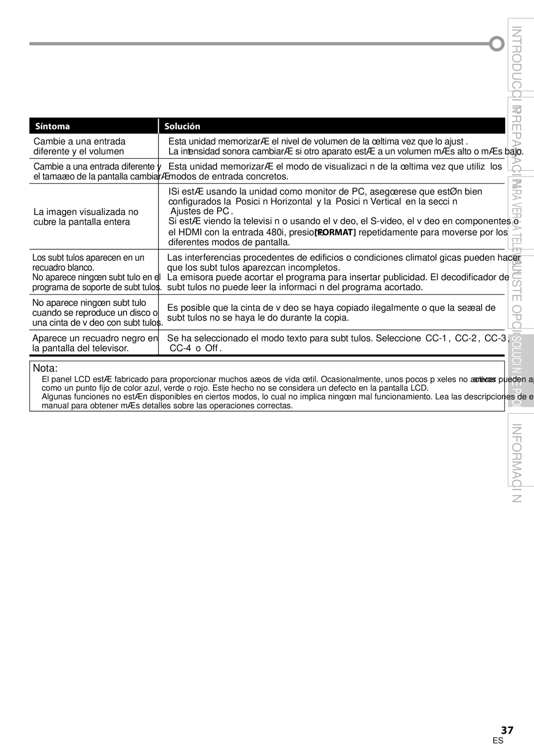 Magnavox 42MF439B user manual Modos de entrada concretos, Diferentes modos de pantalla, No aparece ningún subtítulo 