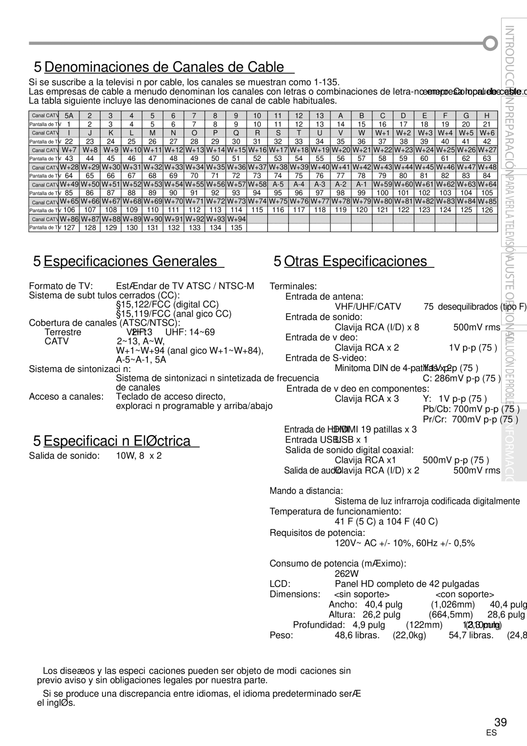 Magnavox 42MF439B user manual 5Denominaciones de Canales de Cable, 5Especificaciones Generales, 5Especificación Eléctrica 