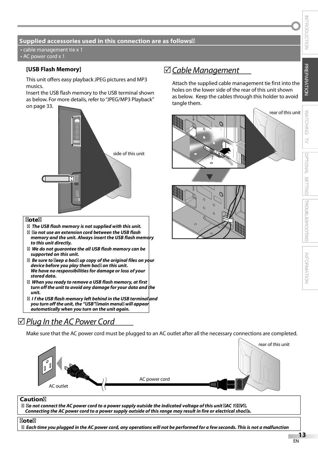 Magnavox 42MF439B user manual Cable Management, 5Plug In the AC Power Cord, USB Flash Memory 