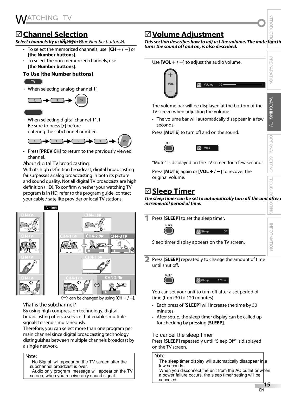 Magnavox 42MF439B user manual Watching TV, 5Channel Selection 5Volume Adjustment, 5Sleep Timer 