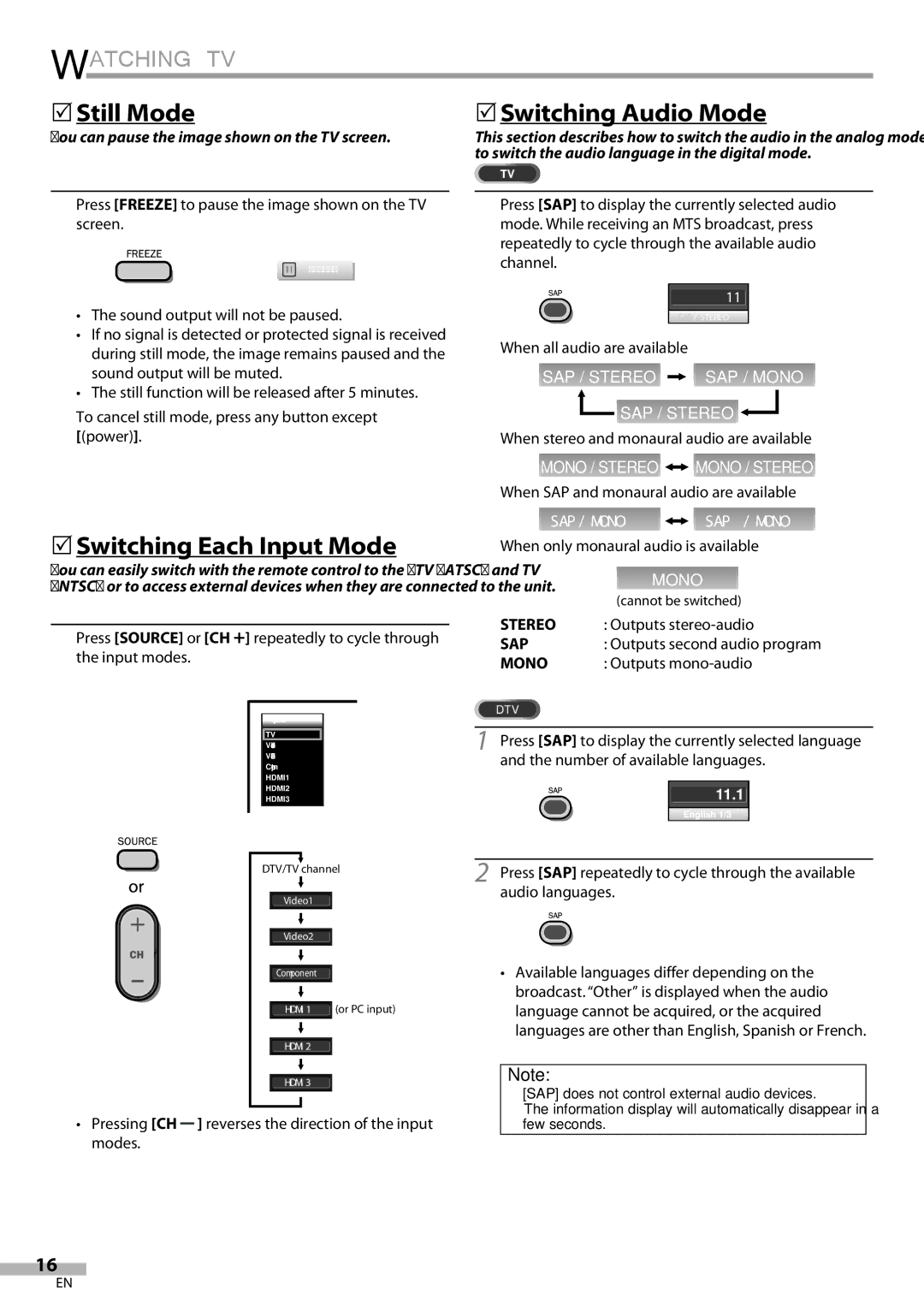 Magnavox 42MF439B user manual 5Still Mode, 5Switching Each Input Mode, 5Switching Audio Mode 