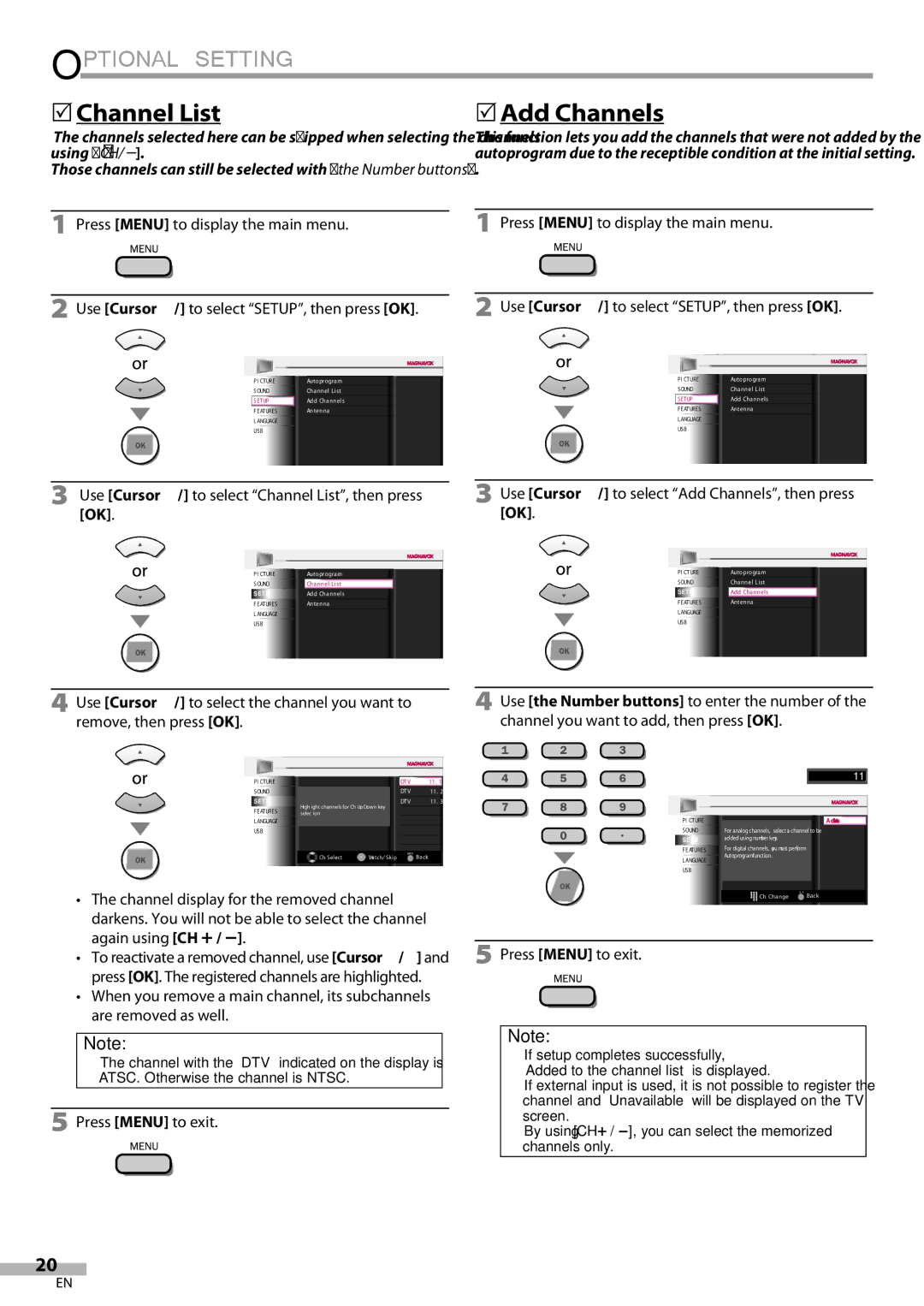 Magnavox 42MF439B user manual Optional Setting, 5Channel List, 5Add Channels, Press Menu to display the main menu 